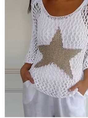 ⭐️White Crochet Star Knit Top with Gold Accent